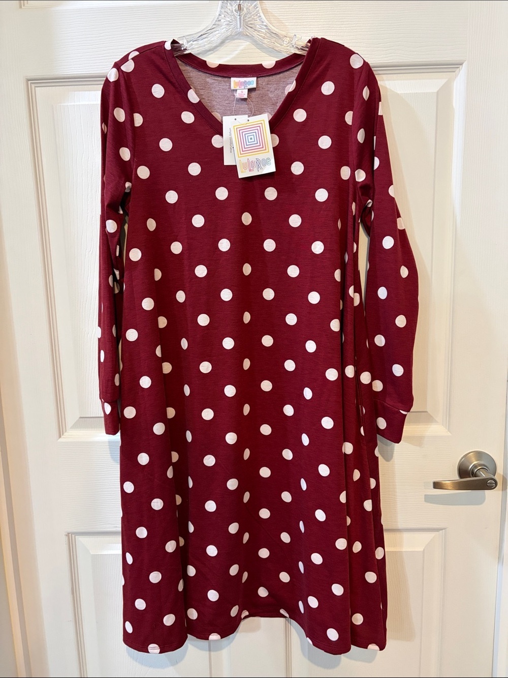 LuLaRoe Emily Style Burgundy with White Polka Dots V-Neck Swing Dress NWT - Picture 1 of 7